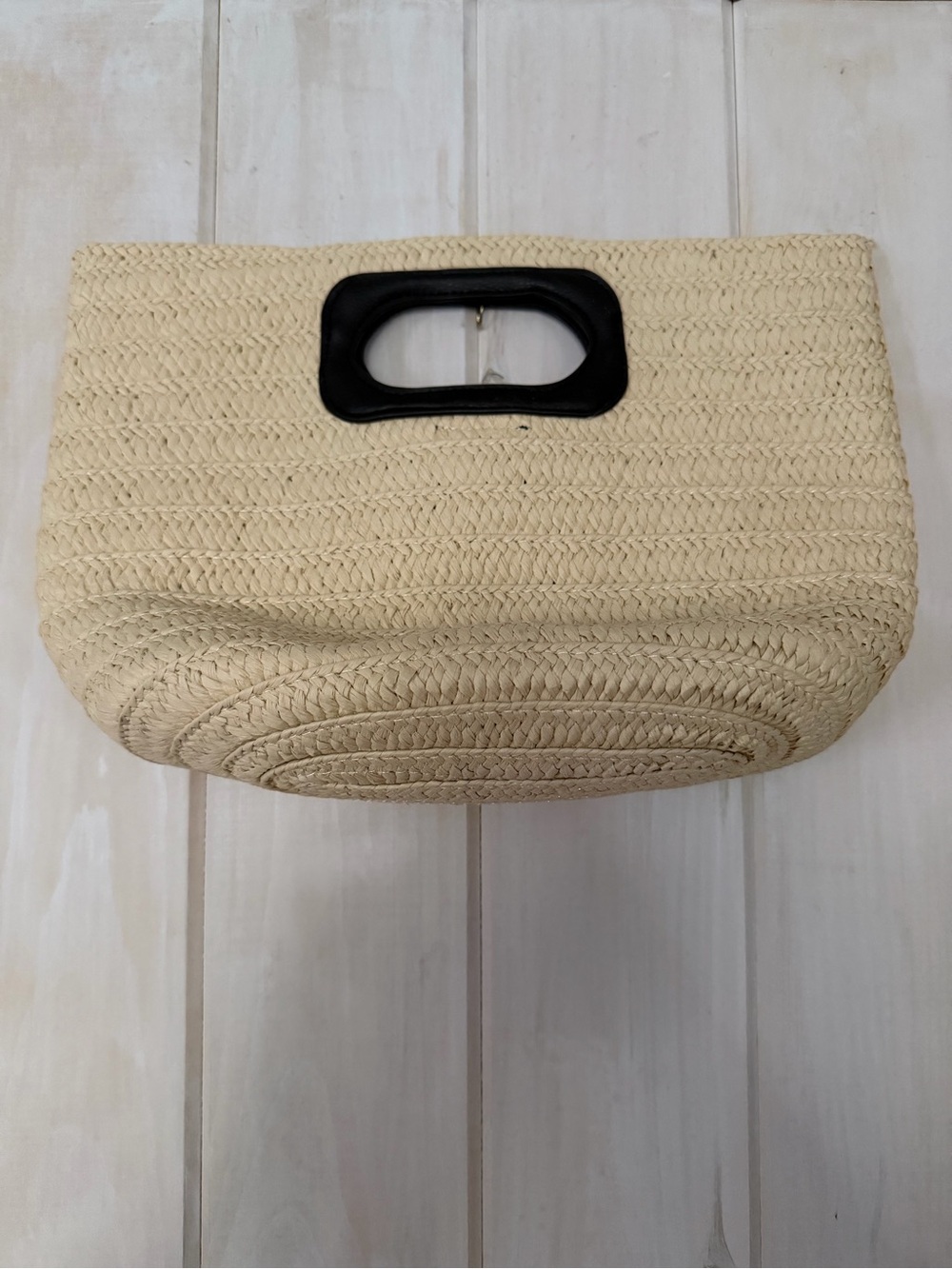 Woven Straw Tote handbag with Black Handle - Cream